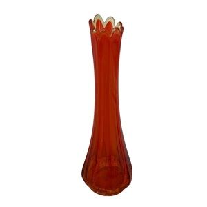 Vintage LE Smith Flame Simplicity Ribbed Glass 8 Fingers orange Swung Vase 13"